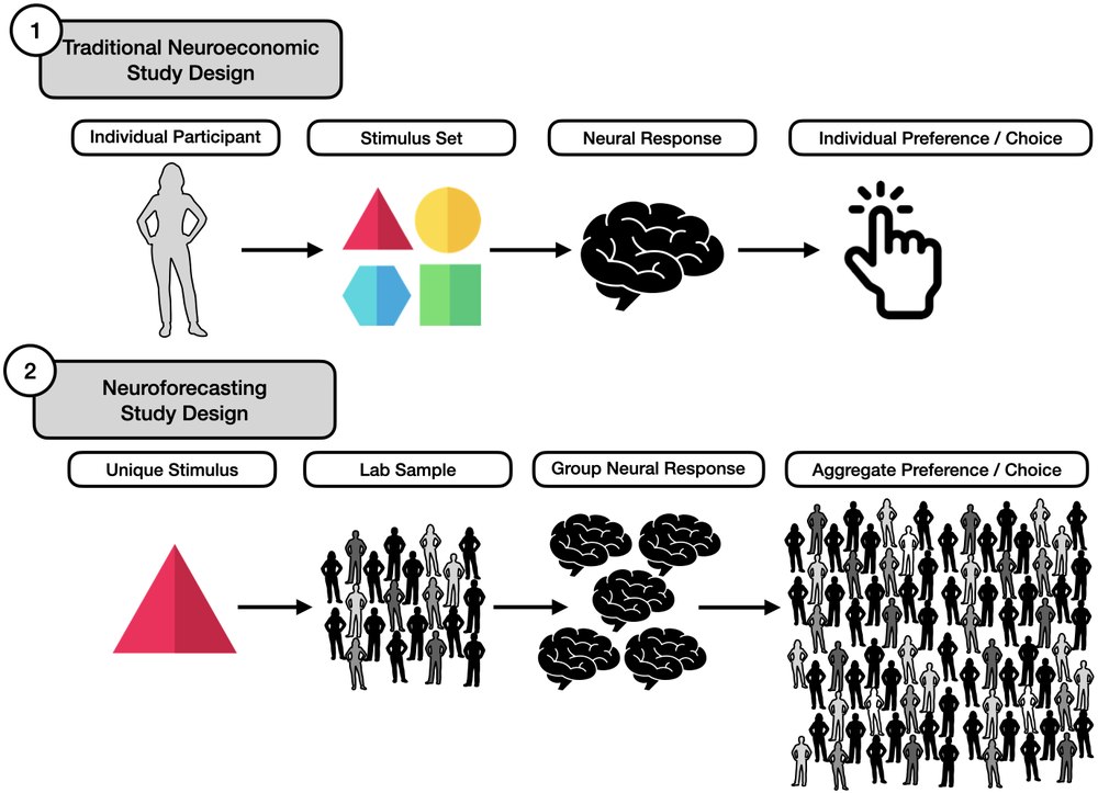 Diagram comparing a traditional neuroeconomic study with a neuroforecasting study