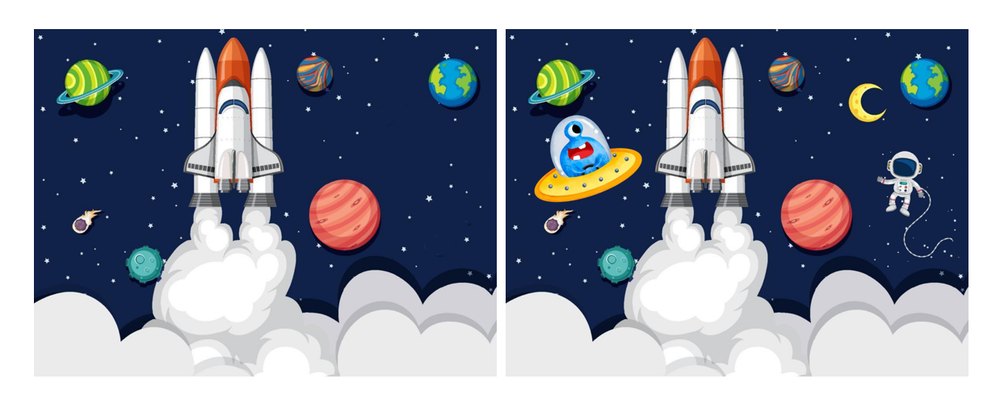 Two almost identical space pictures; the second has an alien, a moon and an astronaut added